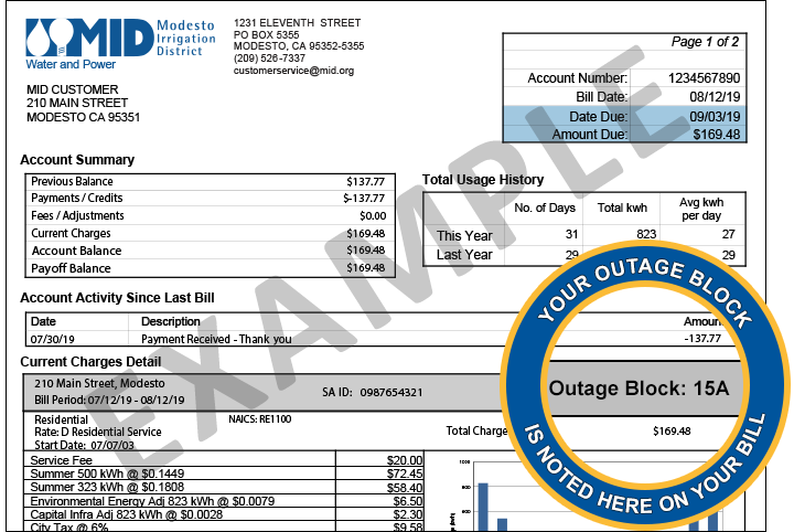 Graphic showing that your outage block number is printed in the "Current Charges Detail" section of your MID bill.